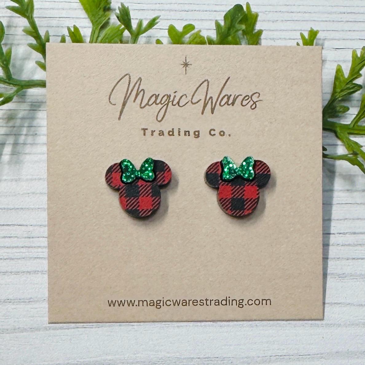 Red Buffalo Plaid Stud Earrings with Green Glitter Bow, Clip ons available