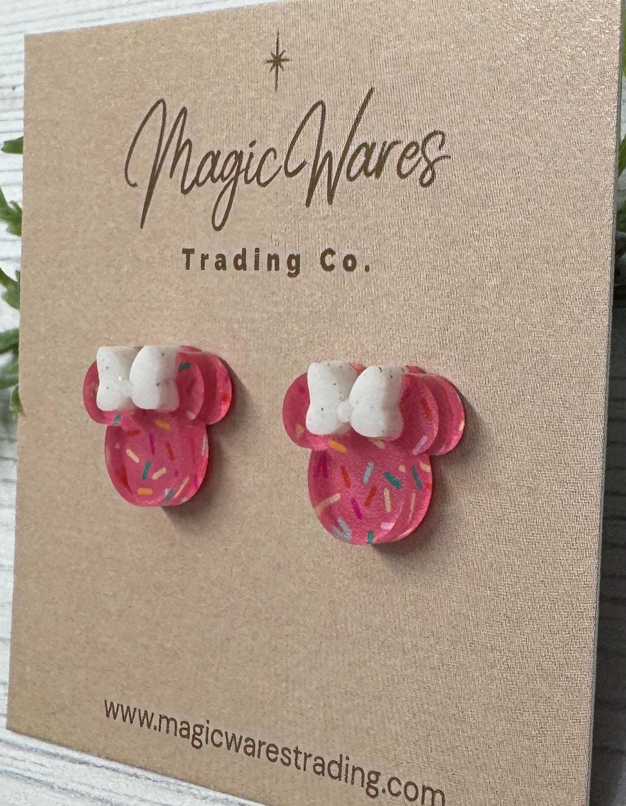 Pink Sprinkles Mouse head Stud Earrings with Pink Glitter Bow, Mouse Head Glitter Bow Studs, Clip ons available
