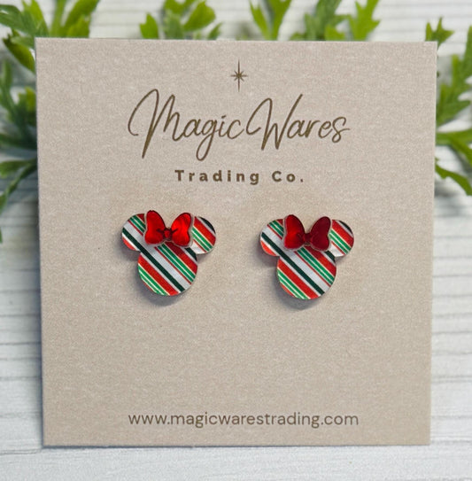Green and Red Candy Cane Mouse Stud Earrings: Red Pearl Bow, Clip-ons available