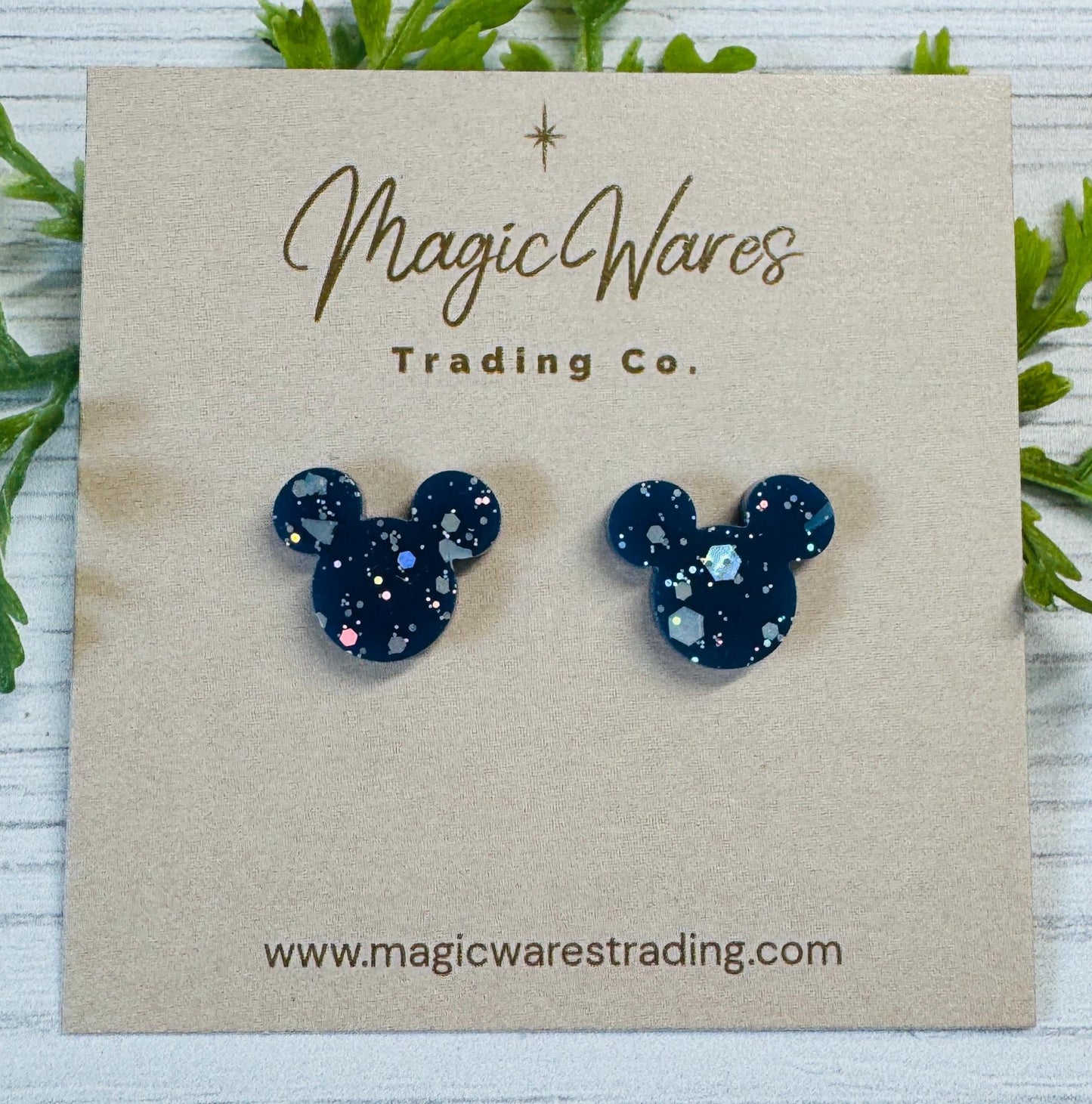 Navy Ice Glitter Mouse Stud Earrings: Laser Cut Acrylic, Clip-ons available