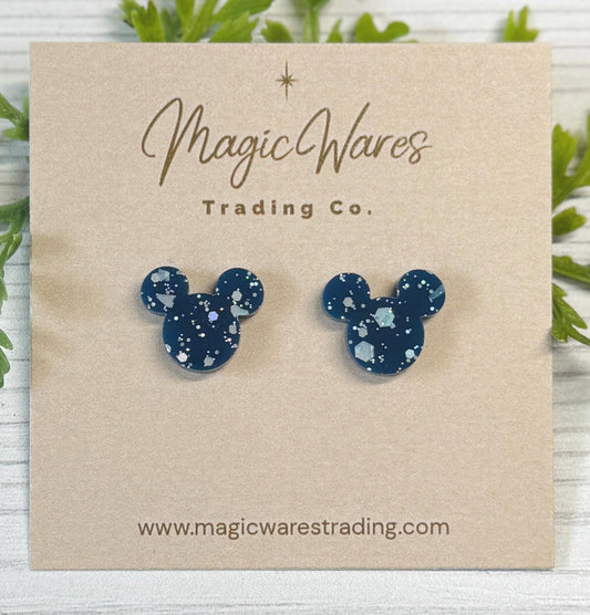 Navy Ice Glitter Mouse Stud Earrings: Laser Cut Acrylic, Clip-ons available