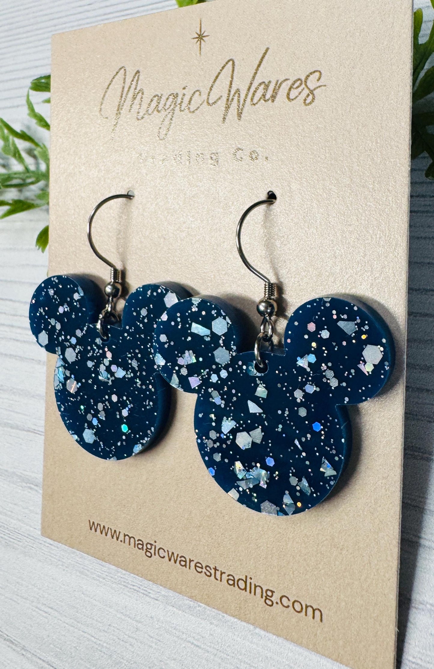 Navy Ice Glitter Mouse head Dangle Earrings, Lightweight Laser cut Acrylic