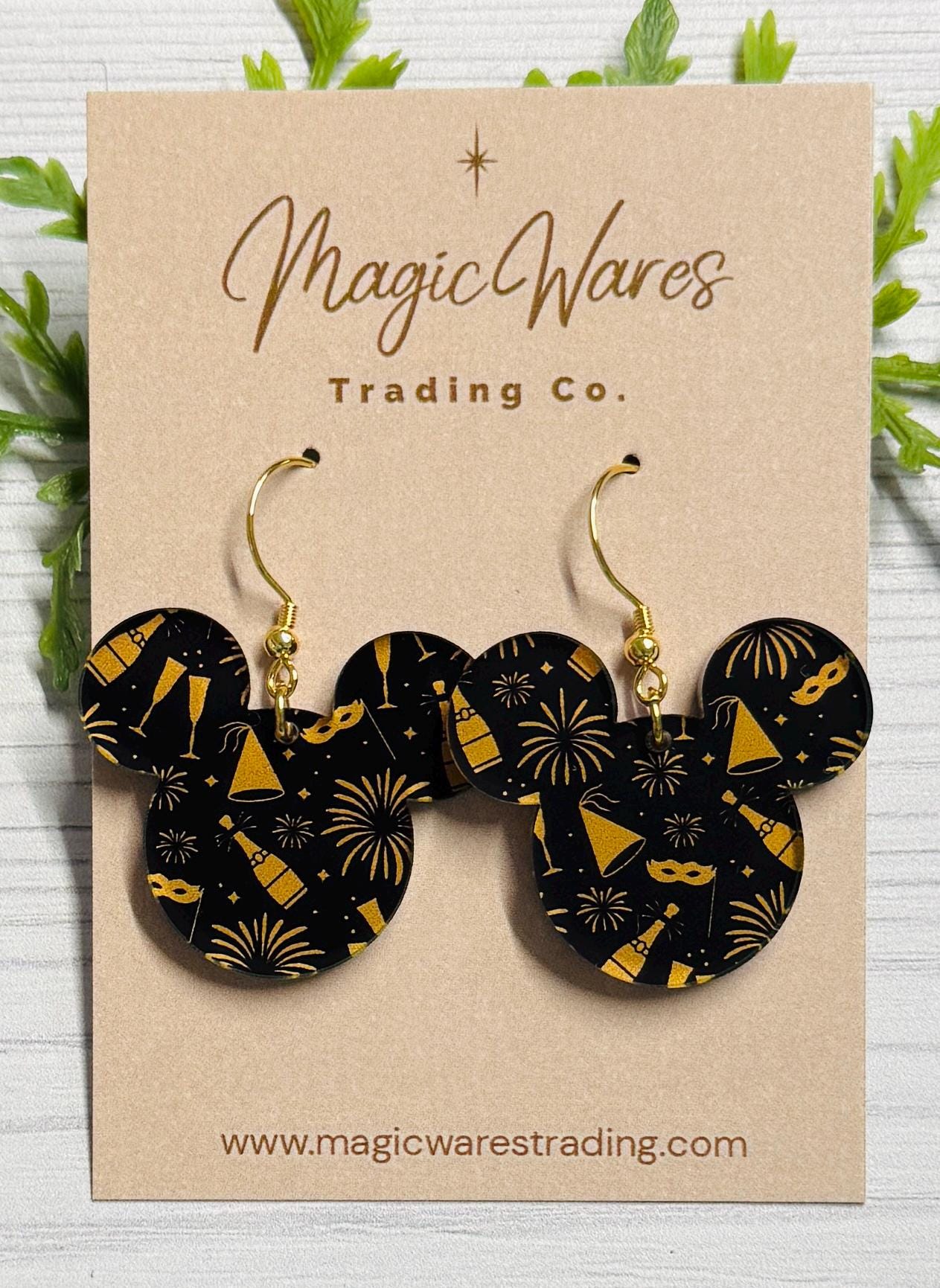 New Years Eve Mouse Dangle Earrings, Black and Gold Laser Cut Acrylic