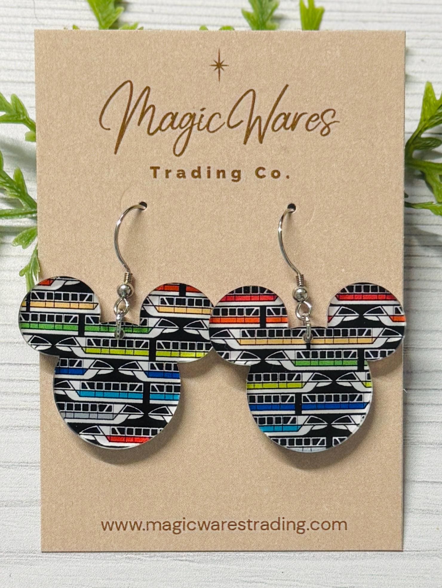 Monorail Dangle Earrings, Smaller size available, Laser Cut Acrylic Theme Park Inspired Jewelry