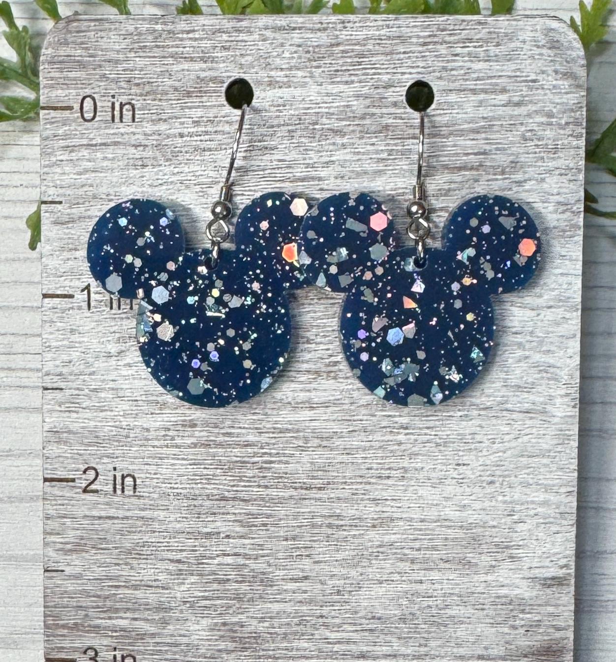 Navy Ice Glitter Mouse head Dangle Earrings, Lightweight Laser cut Acrylic