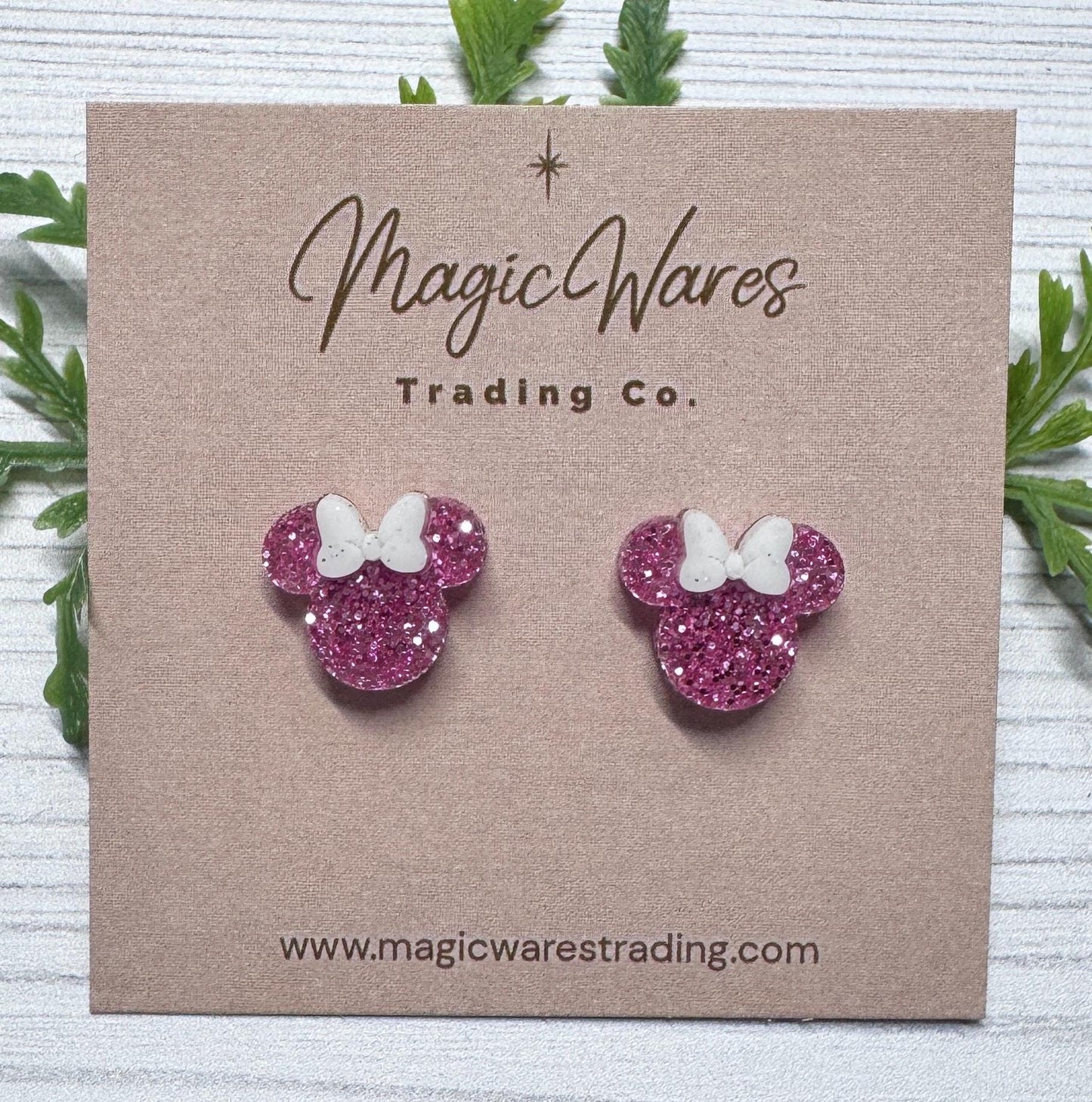 Pink Glitter Mouse Head Stud Earrings: White Glitter Bow, Clip-ons available