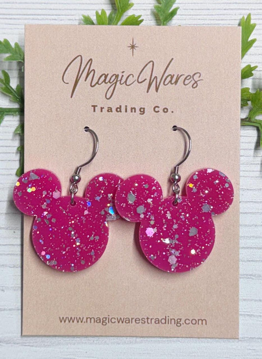 Raspberry Sparkle Dangle Earrings, Laser cut Glitter Acrylic Earrings