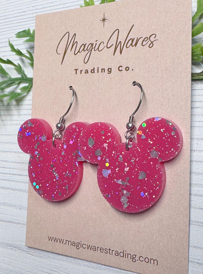 Raspberry Sparkle Dangle Earrings, Laser cut Glitter Acrylic Earrings