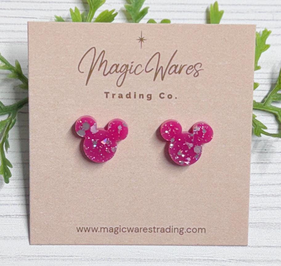Raspberry Sparkle Mouse Stud Earrings: Laser Cut Acrylic, Clip-ons available