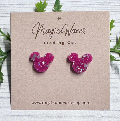 Raspberry Sparkle Mouse Stud Earrings: Laser Cut Acrylic, Clip-ons available