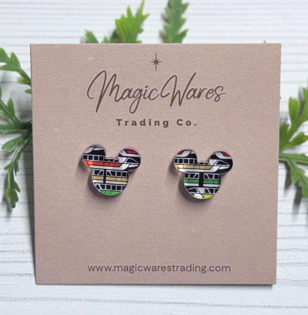 Monorail Mouse Stud Earrings, Laser cut acrylic, Clip-ons available