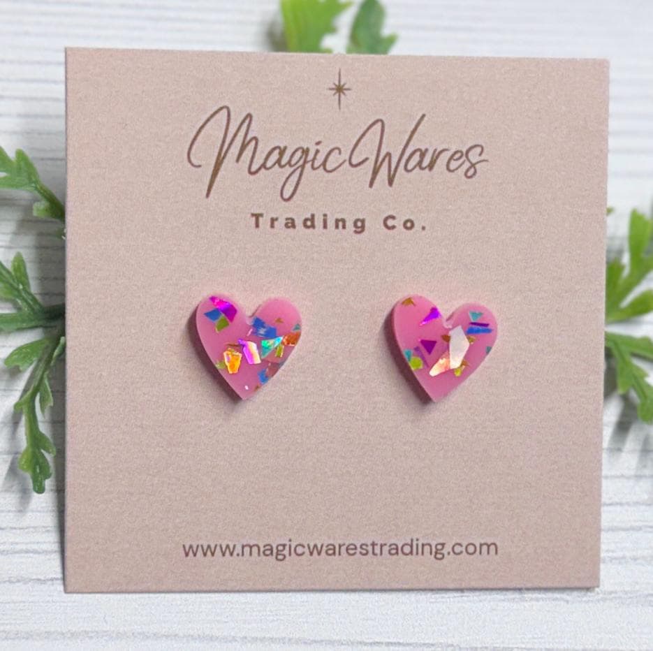 Raspberry Flake Glitter Heart Stud Earrings: Stainless steel Posts, Lightweight acrylic