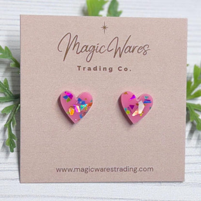 Raspberry Flake Glitter Heart Stud Earrings: Stainless steel Posts, Lightweight acrylic
