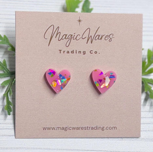 Raspberry Flake Glitter Heart Stud Earrings: Stainless steel Posts, Lightweight acrylic