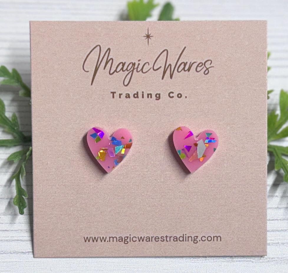 Raspberry Flake Glitter Heart Stud Earrings: Stainless steel Posts, Lightweight acrylic