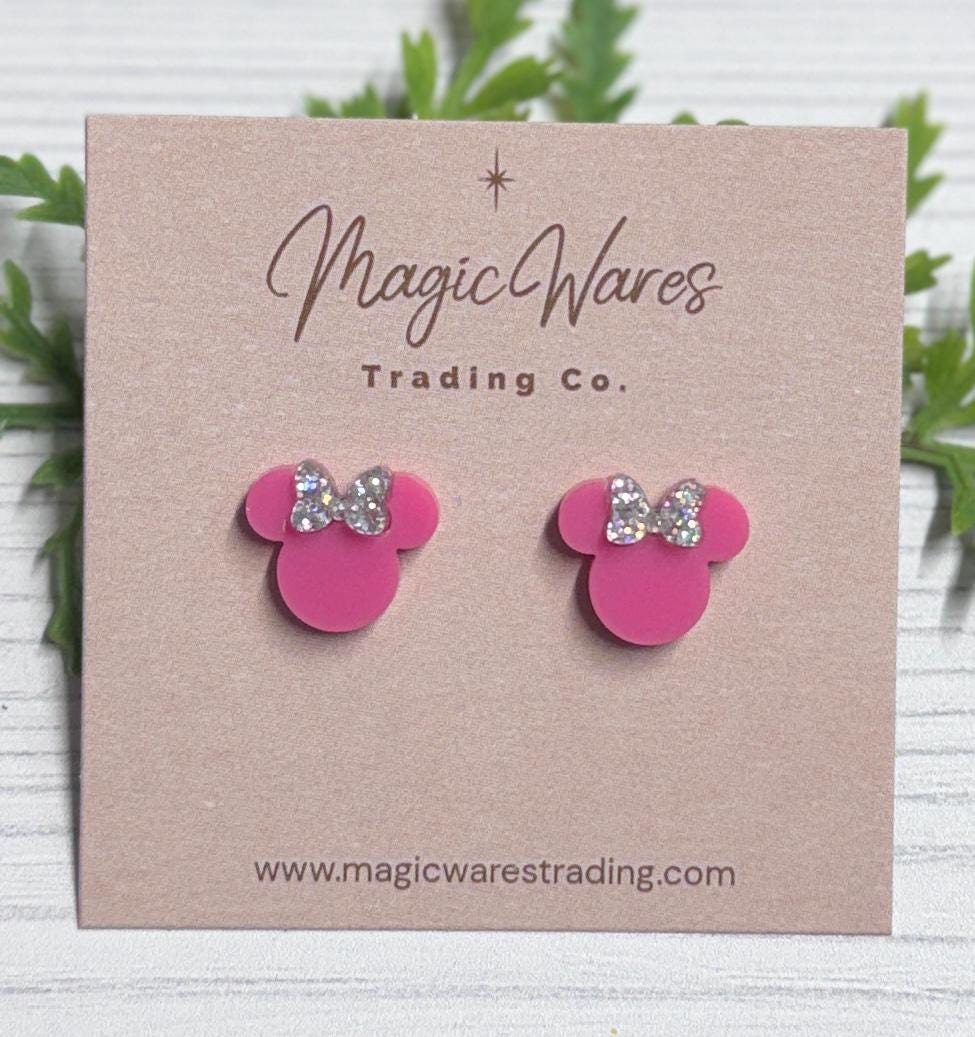 Raspberry Pink Mouse Stud Earrings, Iridescent Silver Glitter Bow, Clip-ons available