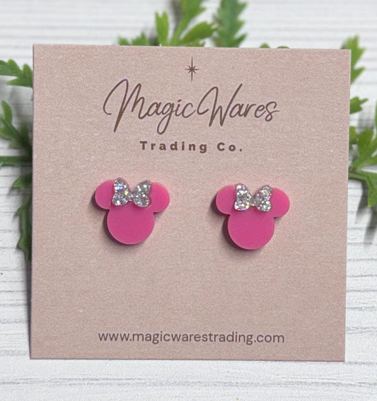 Raspberry Pink Mouse Stud Earrings, Iridescent Silver Glitter Bow, Clip-ons available