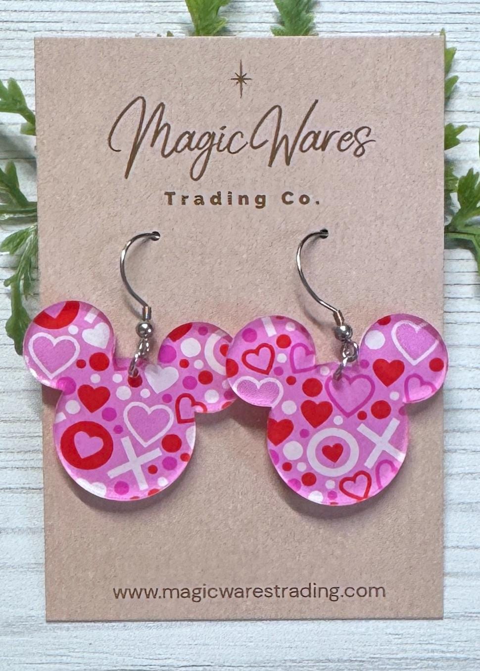 Pink XOXO Mouse Dangles, Laser cut Pink Red and White XO Hearts Acrylic Earrings