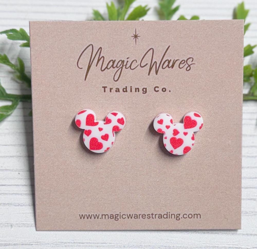 Red Hearts Mouse Stud, White Laser Cut Stainless Steel Post earrings, Valentines Day Gifts