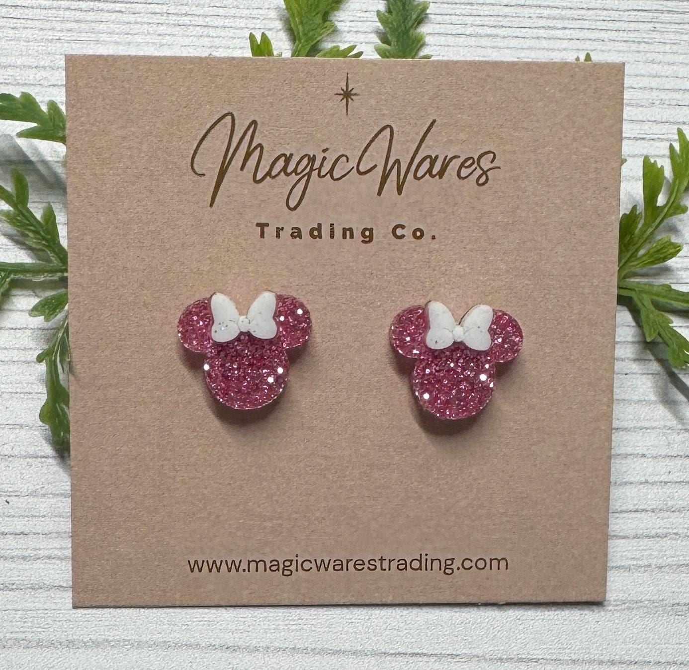Pink Glitter Mouse Head Stud Earrings: White Glitter Bow, Clip-ons available