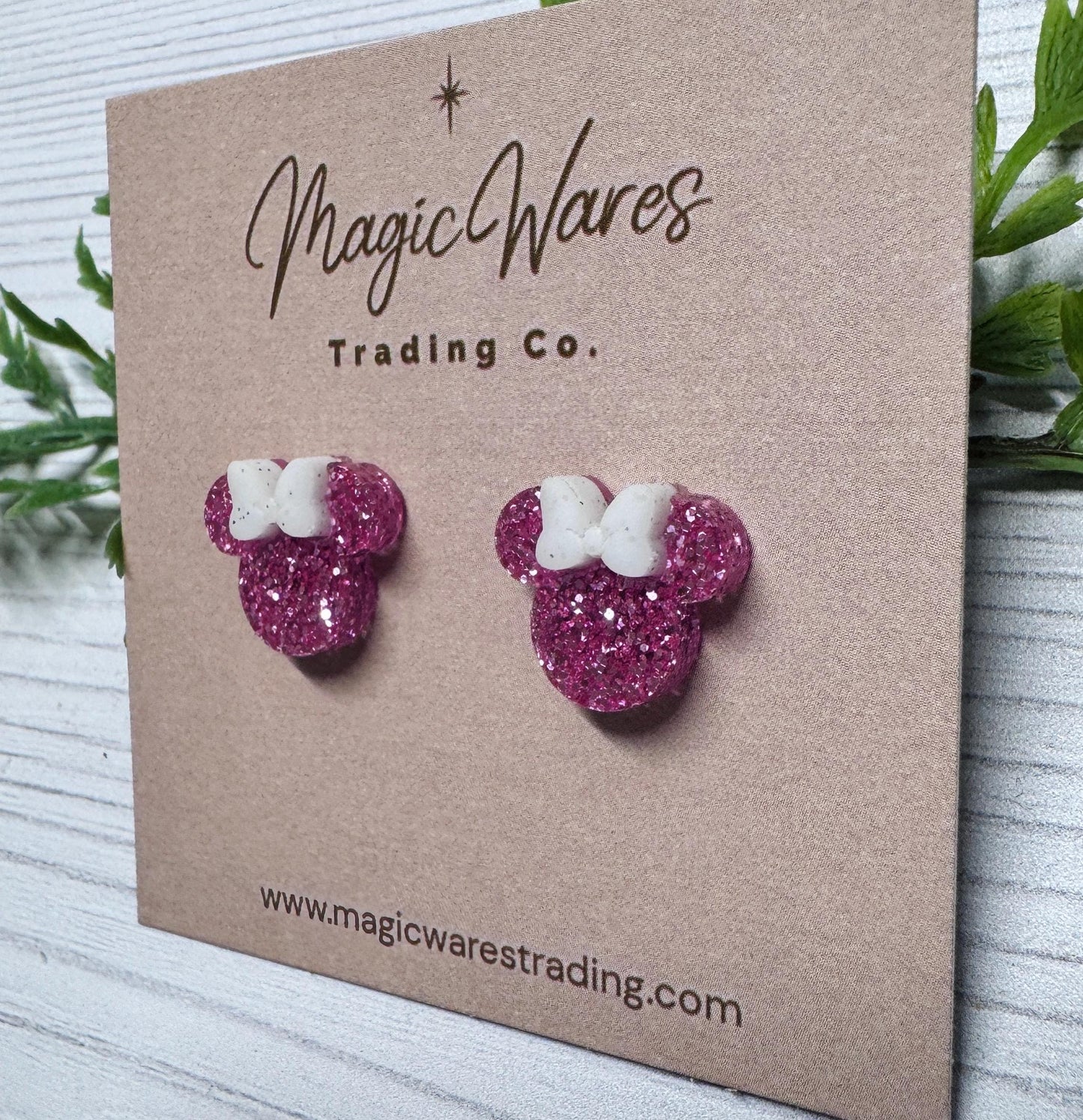 Pink Glitter Mouse Head Stud Earrings: White Glitter Bow, Clip-ons available