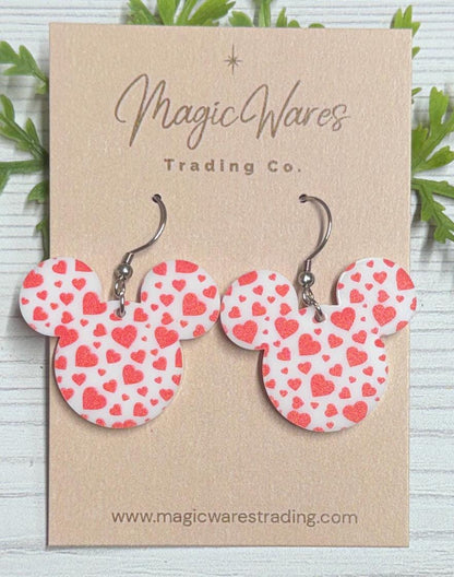Red Hearts Mouse head Dangles, Laser cut Acrylic Earrings, Valentines gifts