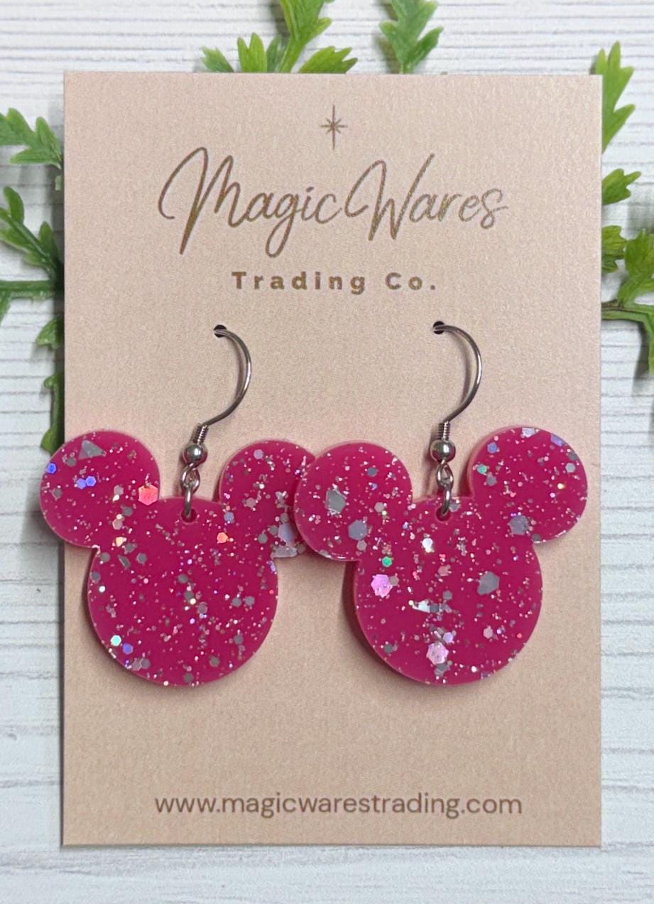 Raspberry Sparkle Dangle Earrings, Laser cut Glitter Acrylic Earrings