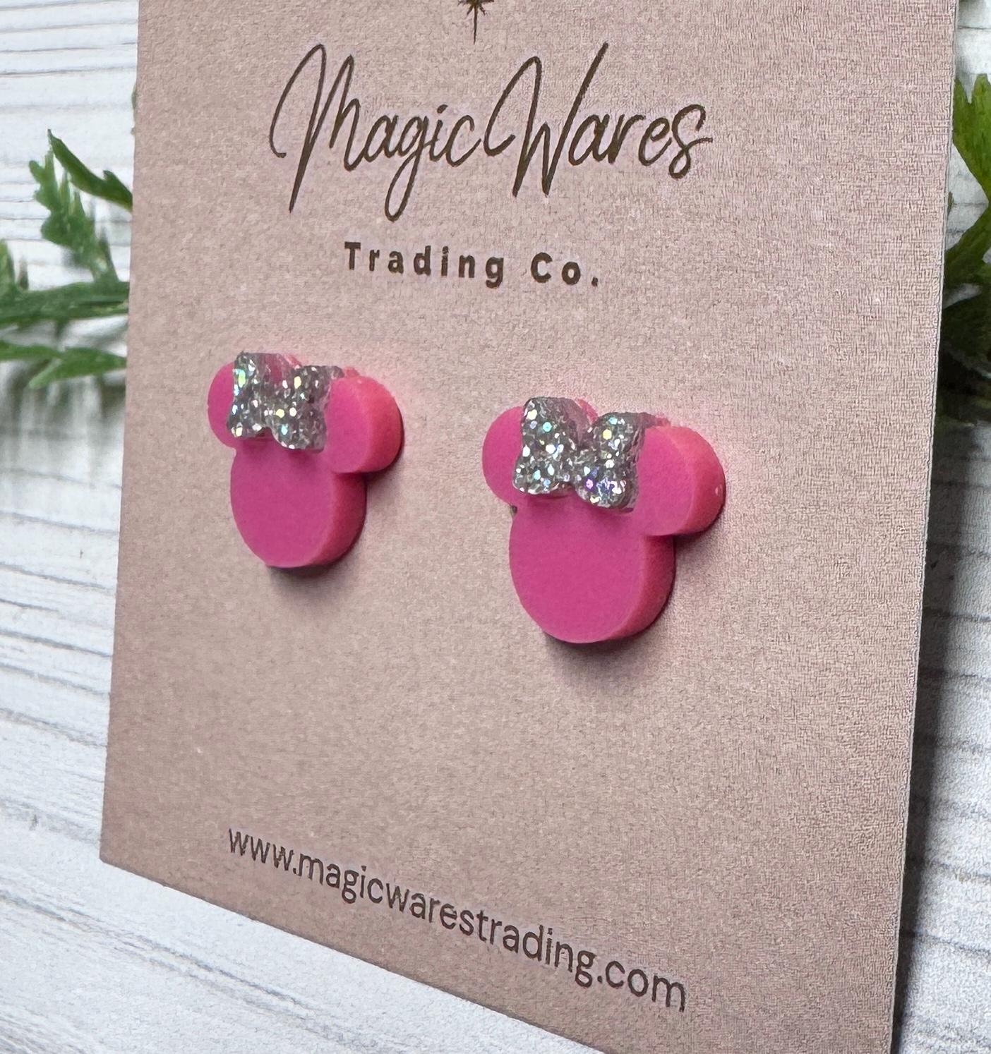Raspberry Pink Mouse Stud Earrings, Iridescent Silver Glitter Bow, Clip-ons available