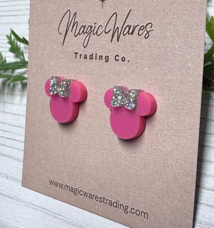 Raspberry Pink Mouse Stud Earrings, Iridescent Silver Glitter Bow, Clip-ons available