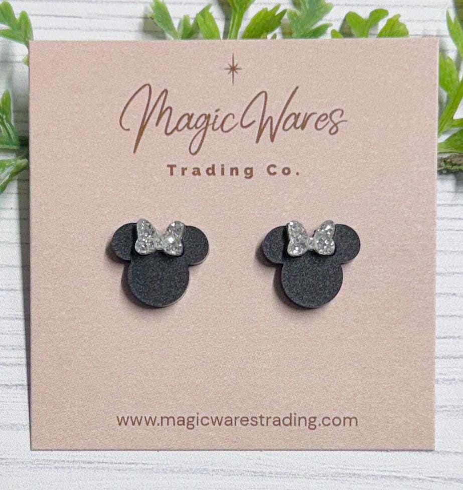 Silver Glitter Mouse Stud Earrings with Black Bow, Clip ons available