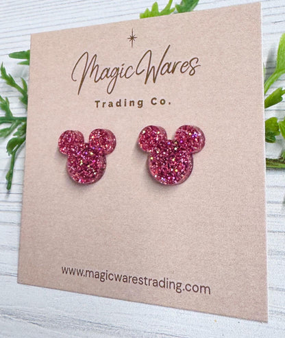 Raspberry Iridescent Glitter Mouse Studs, Laser Cut Acrylic with stainless steel posts, Clip-ons available