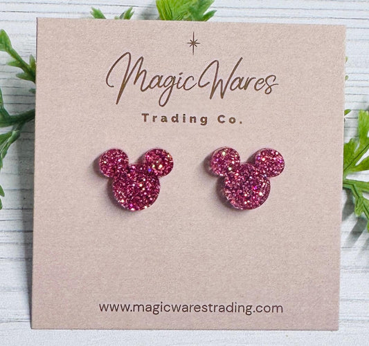Raspberry Iridescent Glitter Mouse Studs, Laser Cut Acrylic with stainless steel posts, Clip-ons available