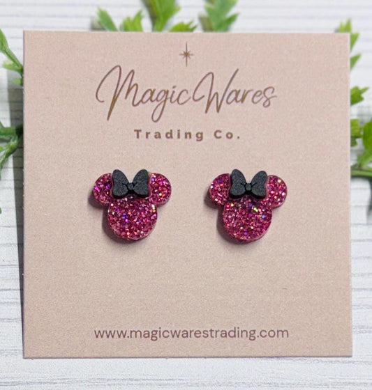 Raspberry Iridescent Glitter Mouse Stud Earrings with Black Bow, Clip ons available