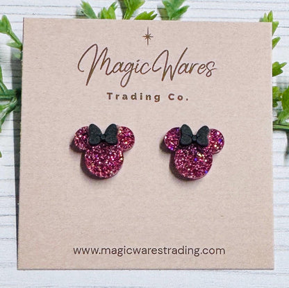 Raspberry Iridescent Glitter Mouse Stud Earrings with Black Bow, Clip ons available