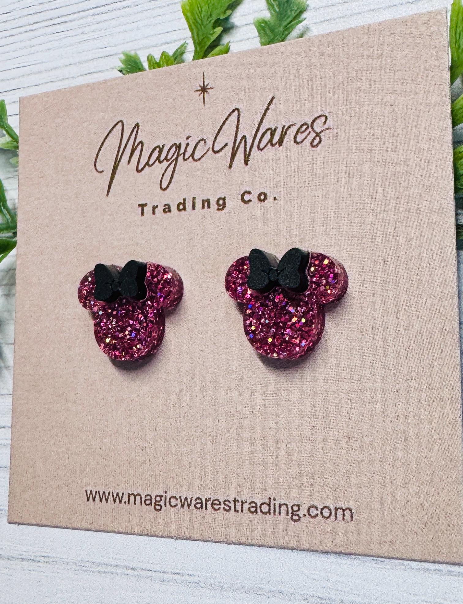 Raspberry Iridescent Glitter Mouse Stud Earrings with Black Bow, Clip ons available