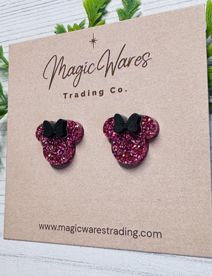 Raspberry Iridescent Glitter Mouse Stud Earrings with Black Bow, Clip ons available
