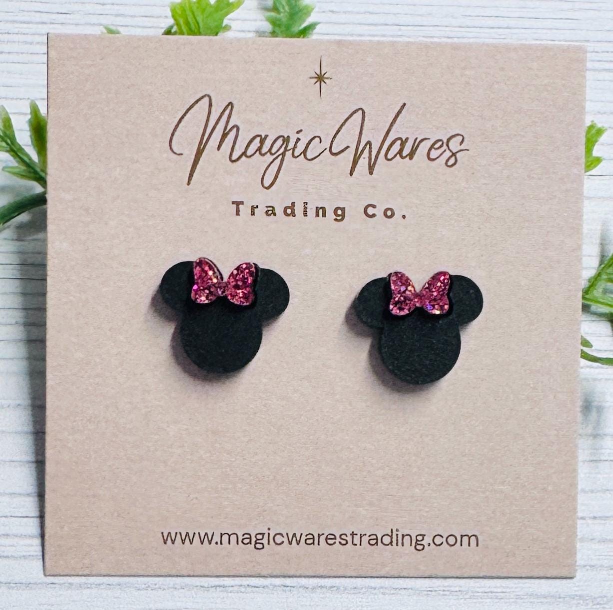 Black Mouse Stud Earrings, Raspberry Glitter Bow, Surgical stainless steel posts, Clip-ons available