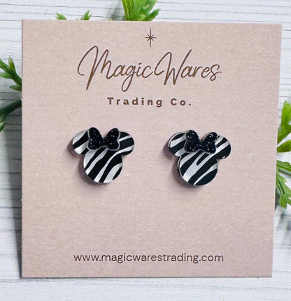 Zebra Mouse Studs with Black GlitterBow, Stainless Steel Posts, Clip ons available