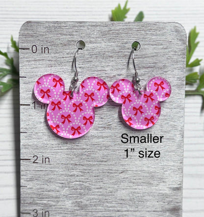 Valentine Snack Cake Mouse head Laser cut Dangle Earrings, Pink and White Patterned Crystal Acrylic, Valentines Day Earrings