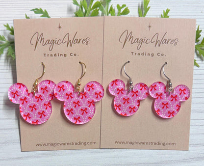 Valentine Snack Cake Mouse head Laser cut Dangle Earrings, Pink and White Patterned Crystal Acrylic, Valentines Day Earrings