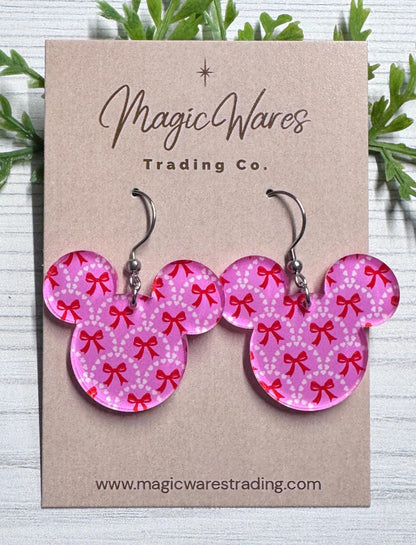 Valentine Snack Cake Mouse head Laser cut Dangle Earrings, Pink and White Patterned Crystal Acrylic, Valentines Day Earrings