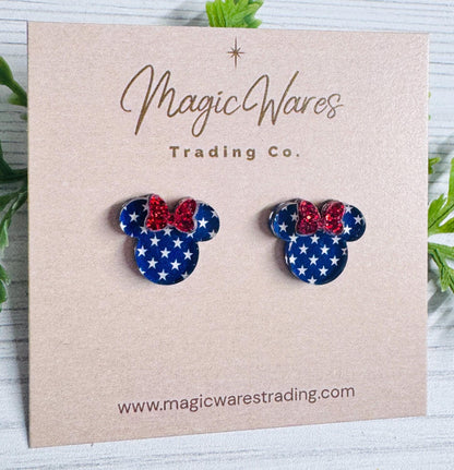 Patriotic Stars Mouse Studs with Red Glitter Bow, Surgical stainless steel posts, Clip-ons available