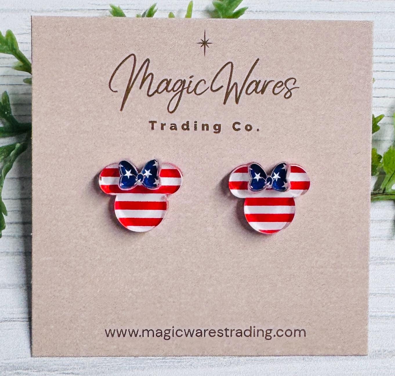Stripes and Stars Bow Mouse Stud Earrings, Surgical stainless steel posts, Clip-ons available