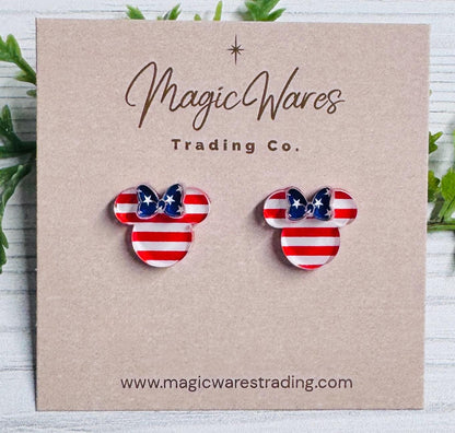 Stripes and Stars Bow Mouse Stud Earrings, Surgical stainless steel posts, Clip-ons available