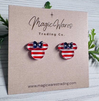 Stripes and Stars Bow Mouse Stud Earrings, Surgical stainless steel posts, Clip-ons available