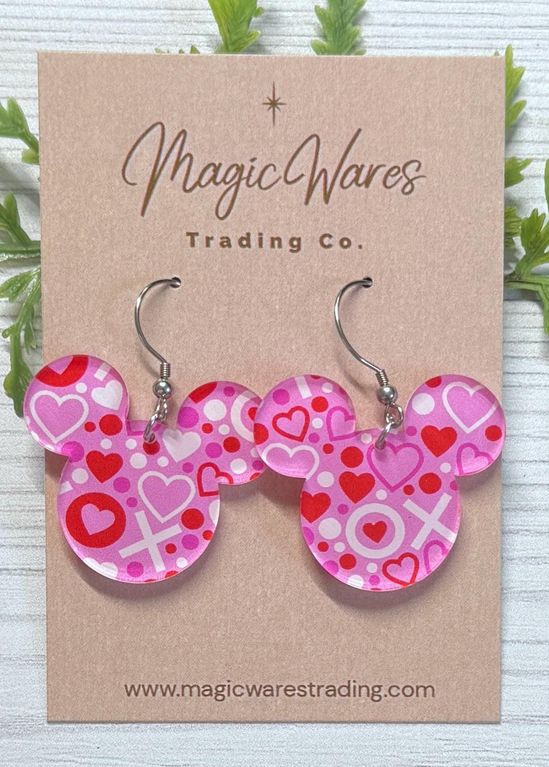 Pink XOXO Mouse Dangles, Laser cut Pink Red and White XO Hearts Acrylic Earrings