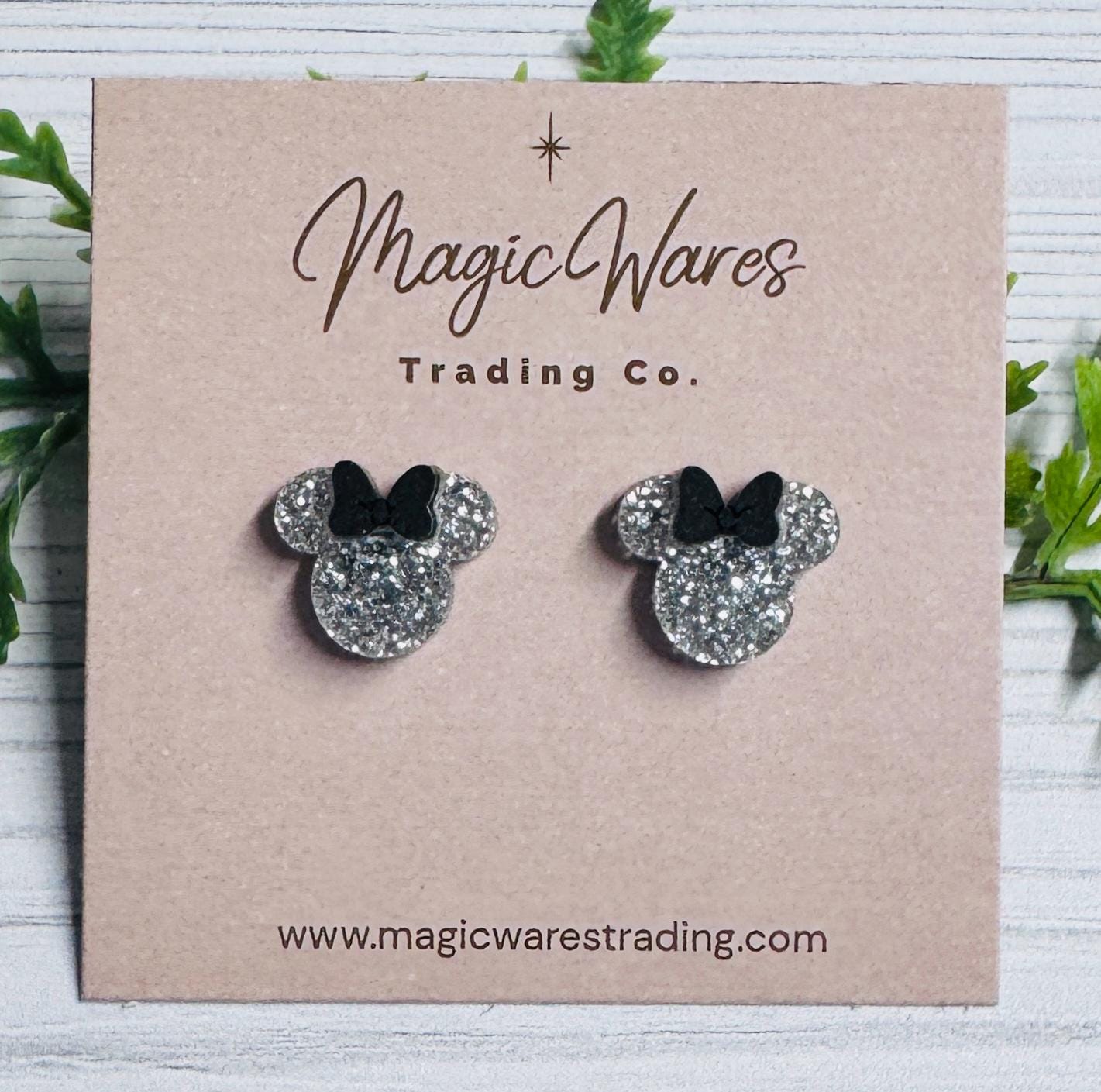 Silver Glitter Mouse Stud Earrings with Black Bow, Clip ons available