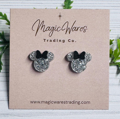 Silver Glitter Mouse Stud Earrings with Black Bow, Clip ons available