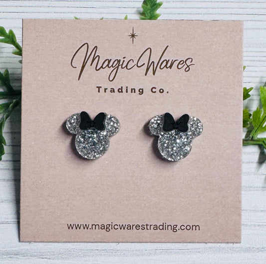 Silver Glitter Mouse Stud Earrings with Black Bow, Clip ons available