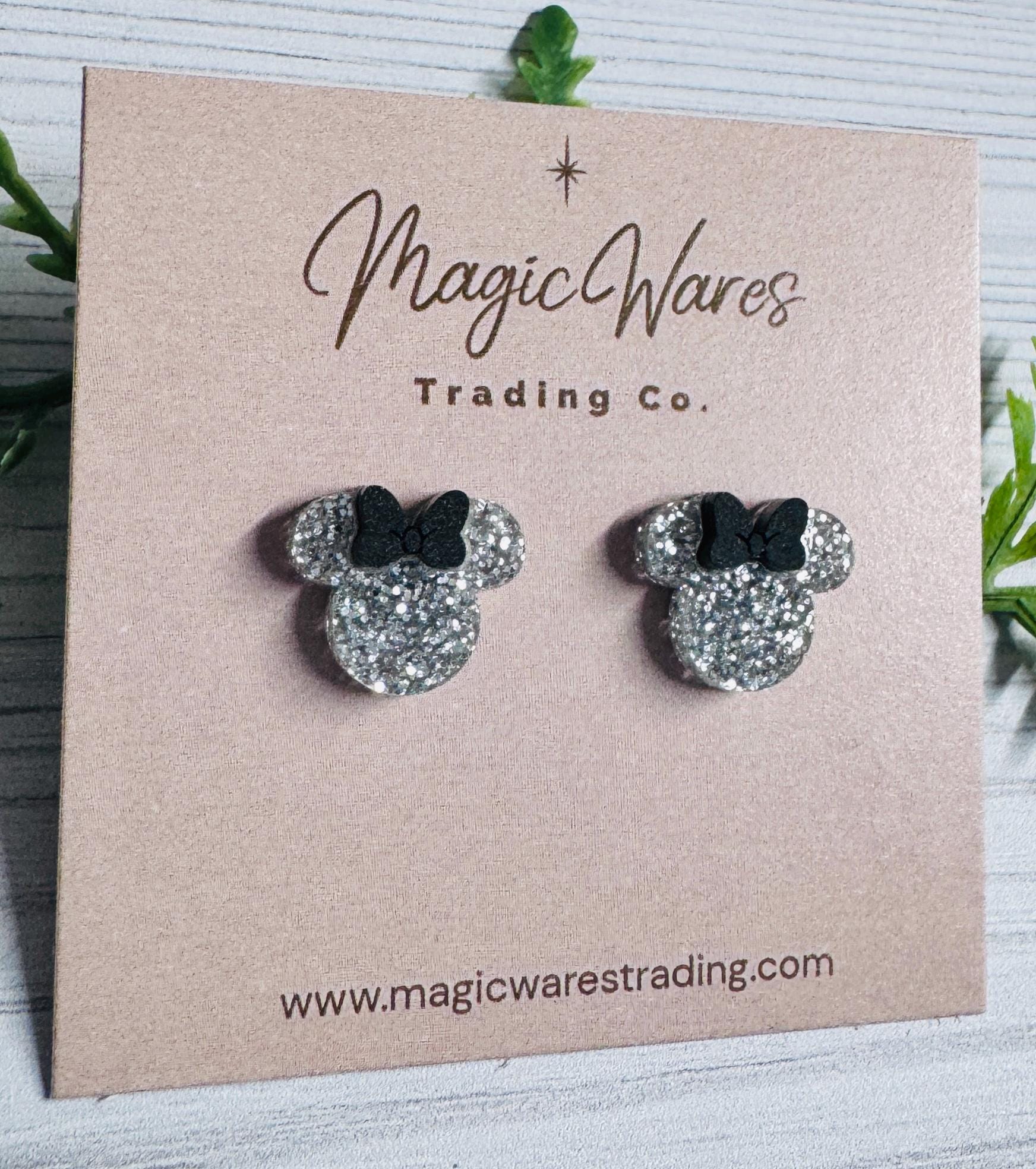 Silver Glitter Mouse Stud Earrings with Black Bow, Clip ons available